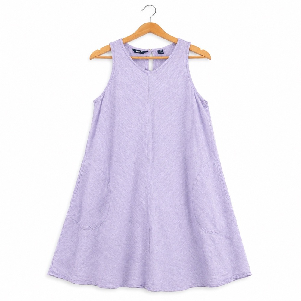 Lands' End Women Purple 100% Linen Sleeveless V-Neck Shift Dress Pockets M 10-12